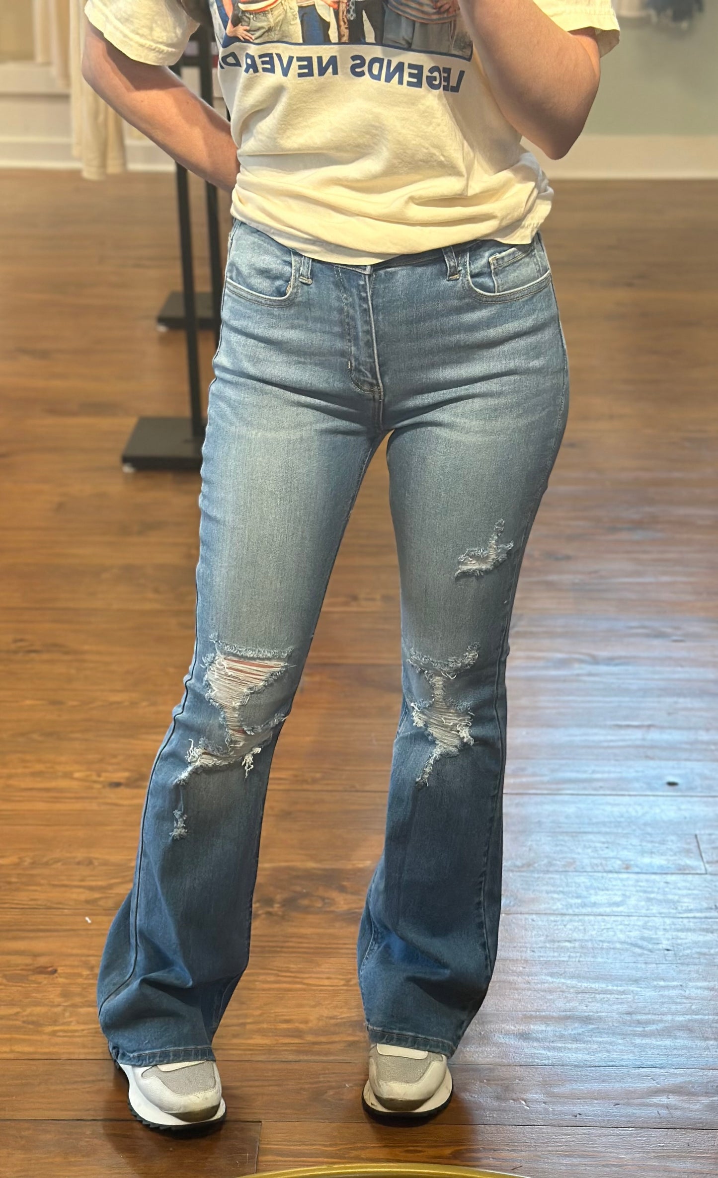 Mid Rise Distressed Flare Jeans