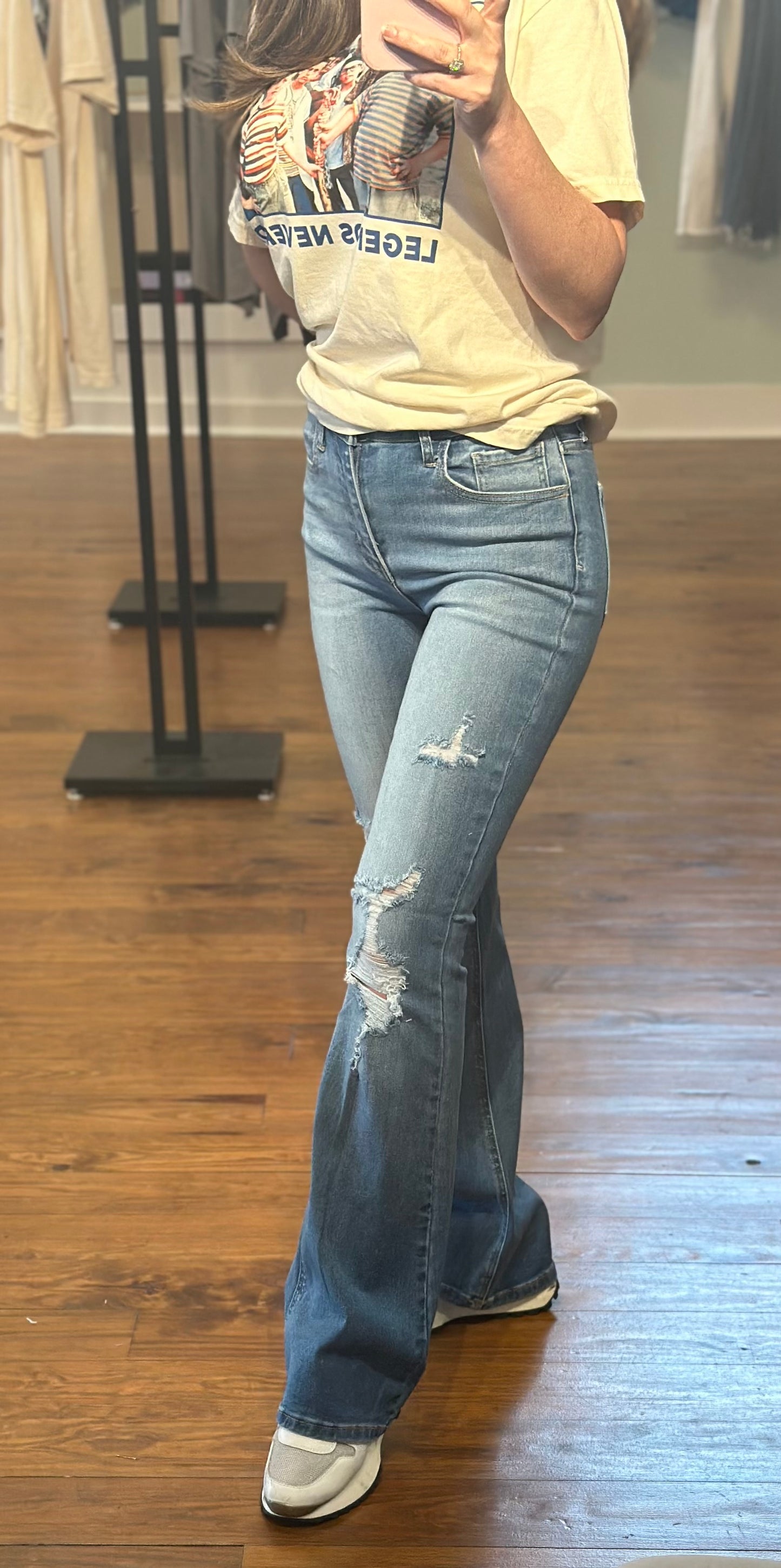 Mid Rise Distressed Flare Jeans