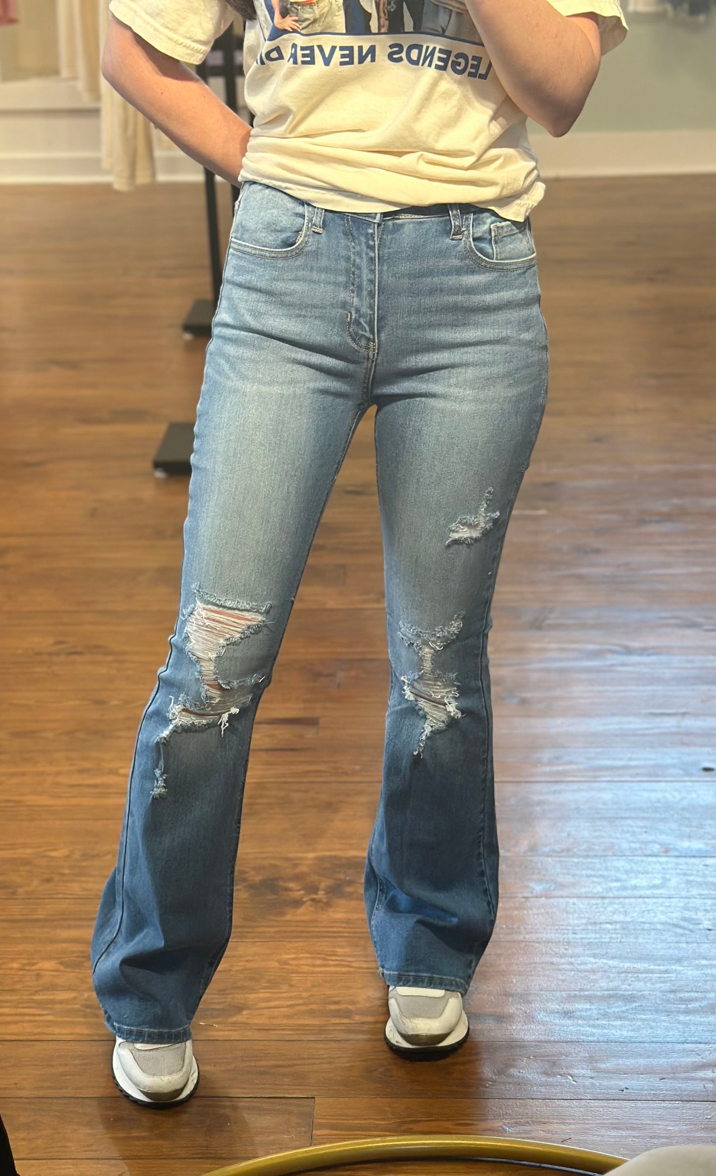 Mid Rise Distressed Flare Jeans