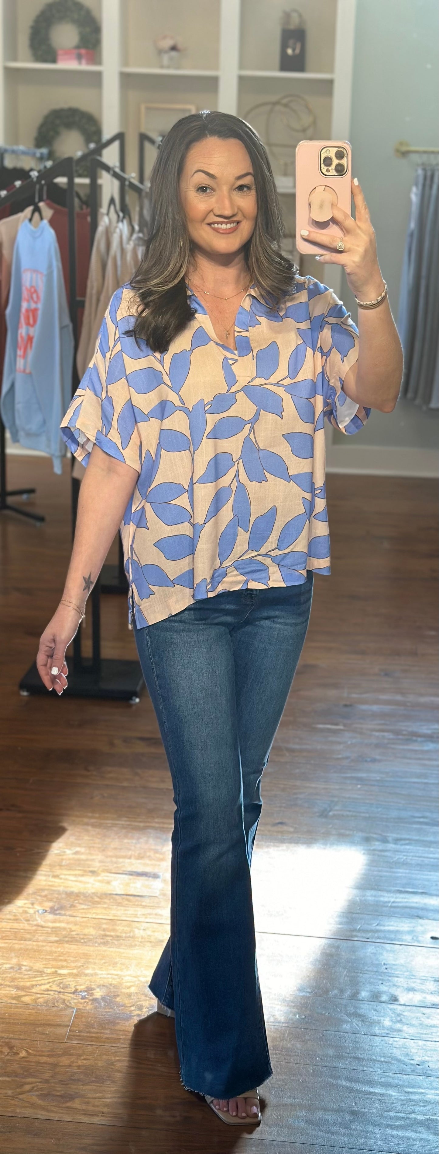 Linen Feel Leaf Printed Blouse