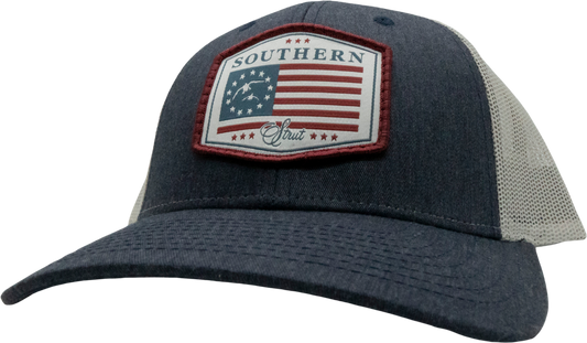 USA Duck Flag Woven Patch Trucker Hat: Heather Navy/Light Grey