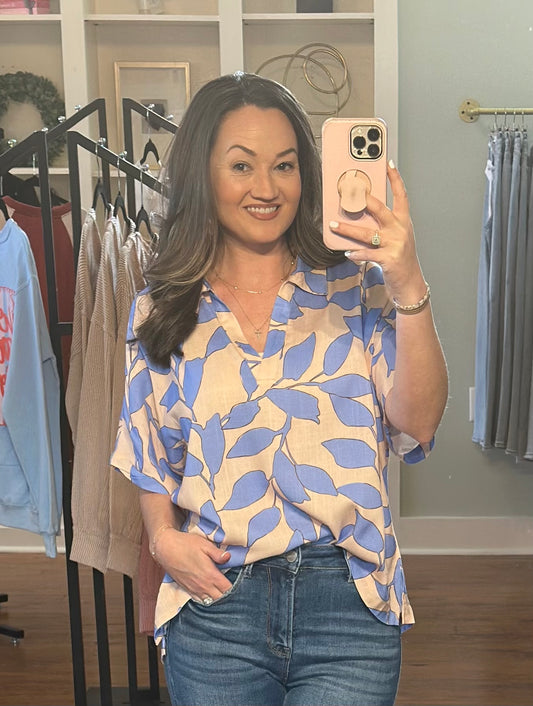 Linen Feel Leaf Printed Blouse