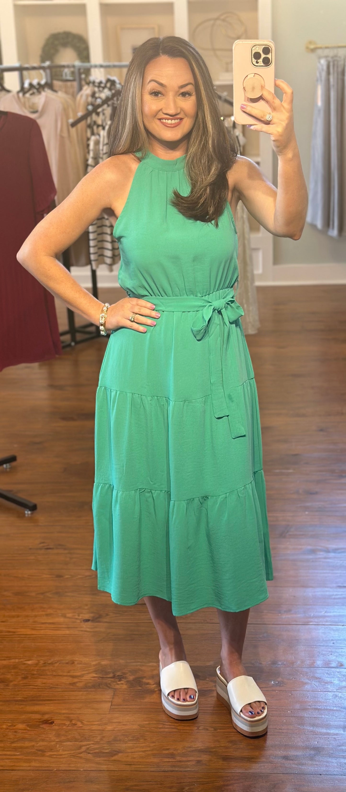 Halter Neck Belted Tiered Ruffle Midi Dress