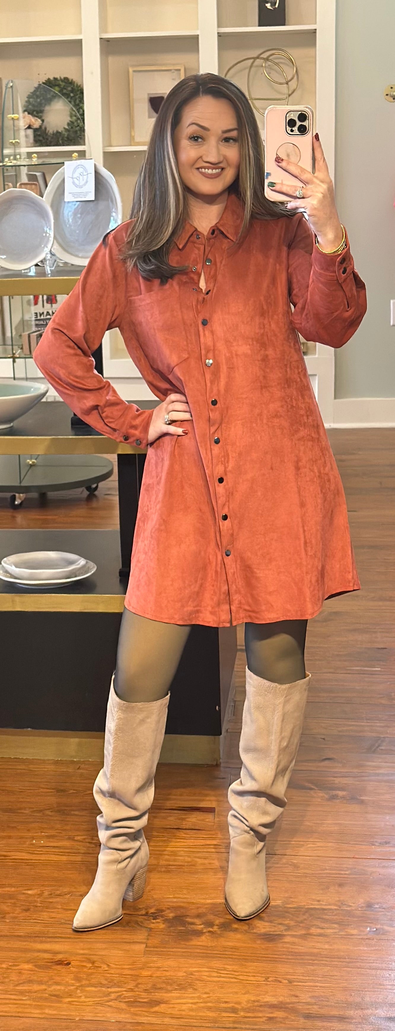 Faux Suede Button Down Dress